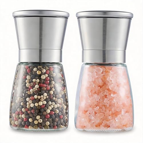 Gorgeous Salt & Pepper Grinder Set — Refillable Stainless Steel & Glass Spice Mill with Adjustable Coarseness — Perfect For Himalayan Or Sea Salts, Fresh Ground Pepper, Or Fresh Spices (2 Pack)