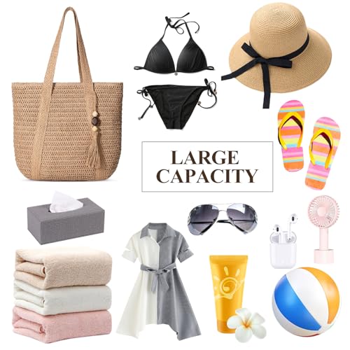 Image of Trifabricy Beach Bags for Women, Woven Straw Tote Bags,Large Beach Bag, Weaving Swim Shopping Travel Bag Waterproof