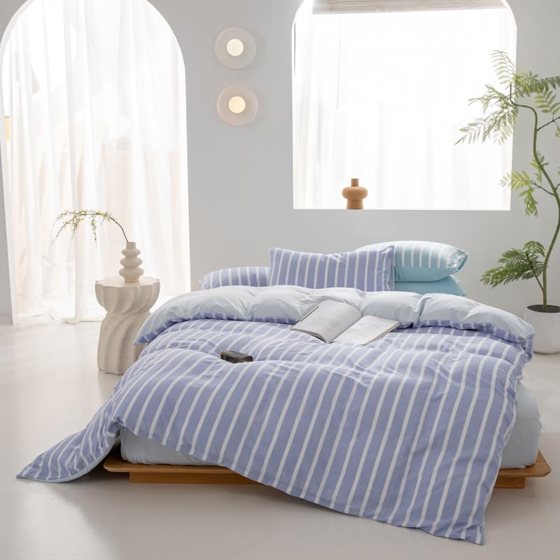 Housse de couette 260x240 à rayures bleues parure de lit microfibre blanche - 2