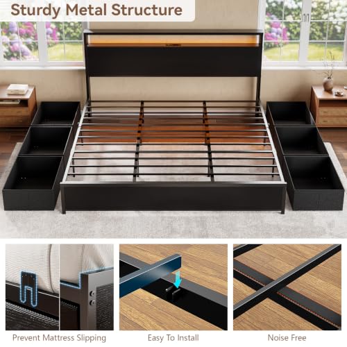 Image of Forestell King Size Bed Frame with 2-Tier Storage Headboard & 6 Drawers | Platform Bed with Heavy Duty Slat Support, Charging Station & LED, USB, Type-C & AC Ports, Noise-Free, No Box Spring, Black