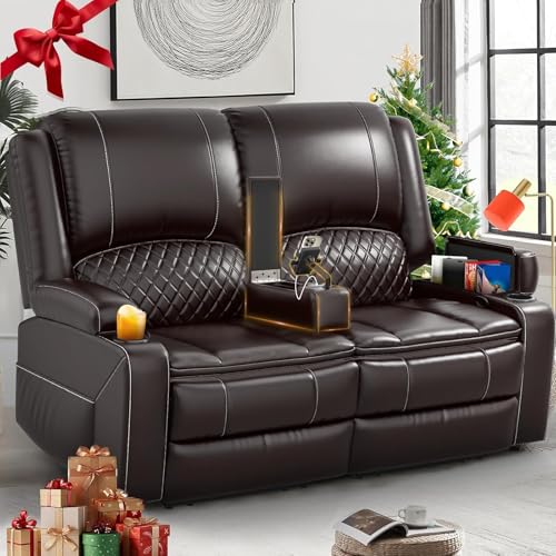 Yolsali Loveseat Recliner Sofa, Manual Reclining Loveseat with Removable Armrest, Faux Leather Recliner Loveseat for Adults with 2-Tier Cushions, USB Charging Ports, Cup Holders - Brown