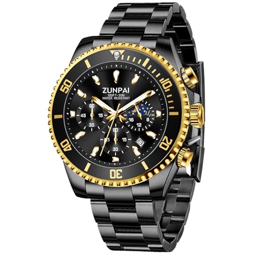 Image of ZUIPAI Moon Phase Watch for Men Chronograph Dial Analog Quartz Wristwatch Luxury Diamond Business Dress Watch with Luminous Waterproof Calendar Stainless Steel Strap