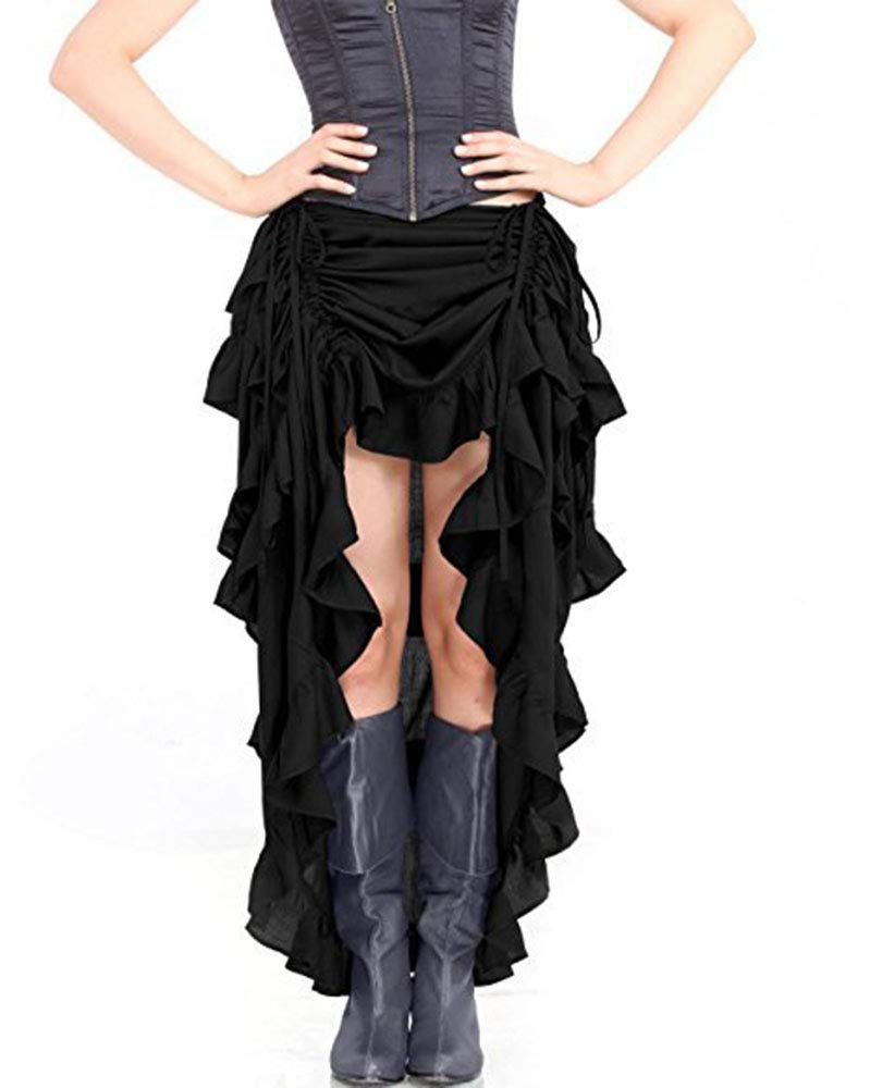 Keepmore Women's Black Steampunk Gothic Victorian Skirt For ,Drawstring Asymmetry Ruffle Pirate Skirt Cosplay Stage Clothing
