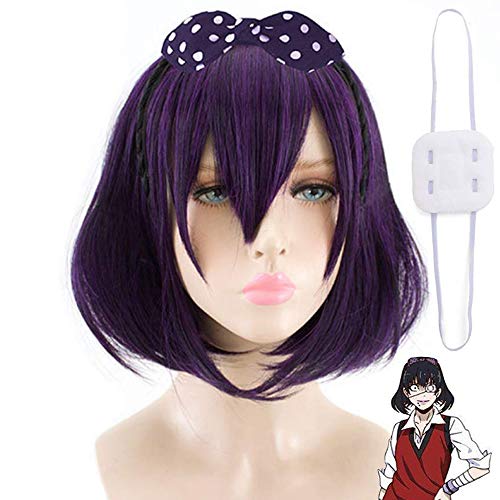 Ikishima Midari Wig + Eye Patch, Kakegurui Cosplay Anime Short Bob Black Purple Wig with Bangs for Girls Women Fans