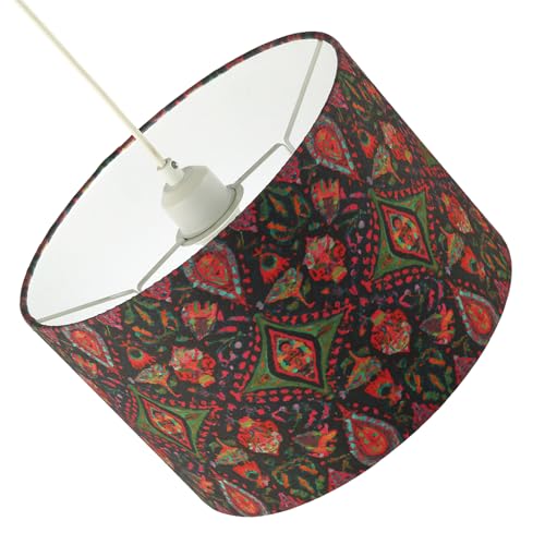 Bohemian Kaleidoscope Design Cotton Fabric Lamp Shade with Vivid Green and Red Colouring | 30cm x 20cm | White Cotton Fabric Inner by Happy Homewares - Image 6