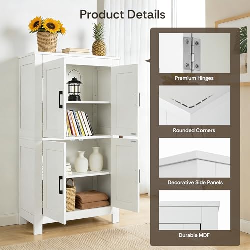 Image of VUSIGN Bathroom Floor Cabinet, Farmhouse Storage Cabinet with 4 Doors, Adjustable Shelves, Modern Freestanding Storage Unit, Versatile Cupboard for Kitchen Living Room, Dining Room, Entryway, White