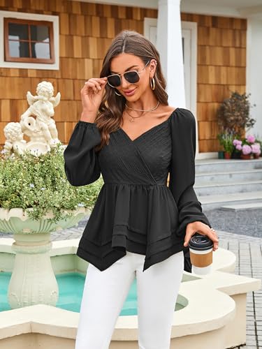 Angashion Women Tops Long Sleeve V Neck Peplum Blouse Dressy Casual Flowy Ruffle Babydoll Shirts4