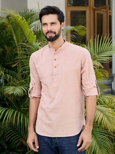 Image of See Designs Men's Roll-Up Sleeve Mandarin Collar Cotton Solid Short Kurta (Pack of 2) - Festive Collection