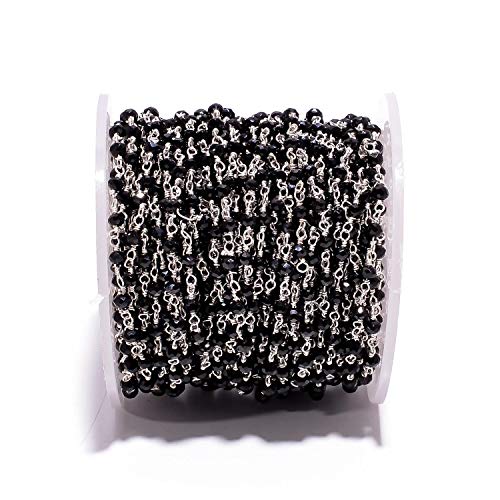 BEADS HUB 1-10 Feet Multi Color Chalcedony Gemstone Rondelle Faceted 4x3 mm Beads Silver Plated Wire Wrapped Rosary Chain, Hydro Quartz Beaded Chain for Jewelry Making (Black, 10 Feet)