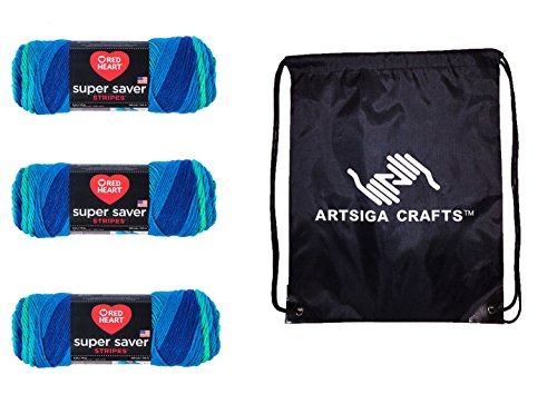Red Heart Knitting Yarn Super Saver Stripe Cool Stripe 3-Skein Factory Pack (Same Dyelot) 3-Skein Factory Pack (Same Dyelot) E300-4967 Bundle with 1 Artsiga Crafts Project Bag