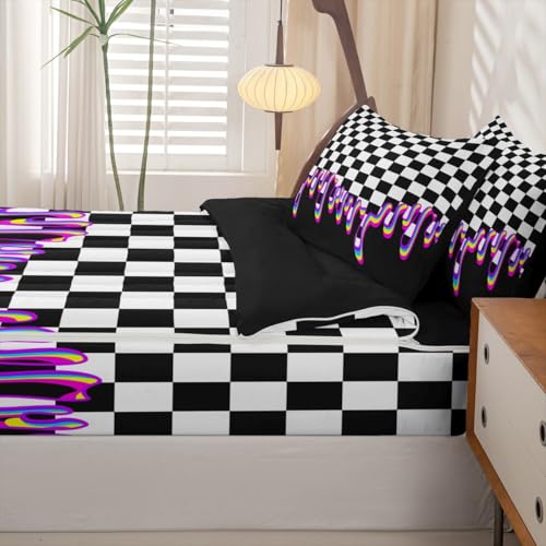 Image of Black Purple Checkered Zipper Bedding Queen Checkerboard Drip Zip Up Bedding Set,Y2K Aesthetic Modern Geometric Bed in a Bag Comforter with Fitted Sheet and 2 Pillowcases Retro 2000S Room Decor