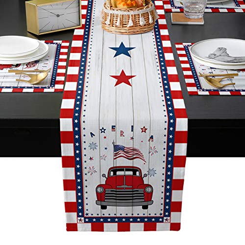 Table Runner Sets with 6 Placemats Flag Day Welcome America Truck Flag Non-Slip Table Runner Place Mats Wood Plank Table Mats Runner Set for Dining Table Party Wedding 13 x 70 inches long