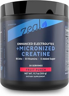 Zeal Electrolyte Powder w/Micronized Creatine (30 Servings | Fruit Punch) w 0 Sugar +BCAAs +B-Vitamins Electrolyte Supplement w Potassium Zinc & Magnesium