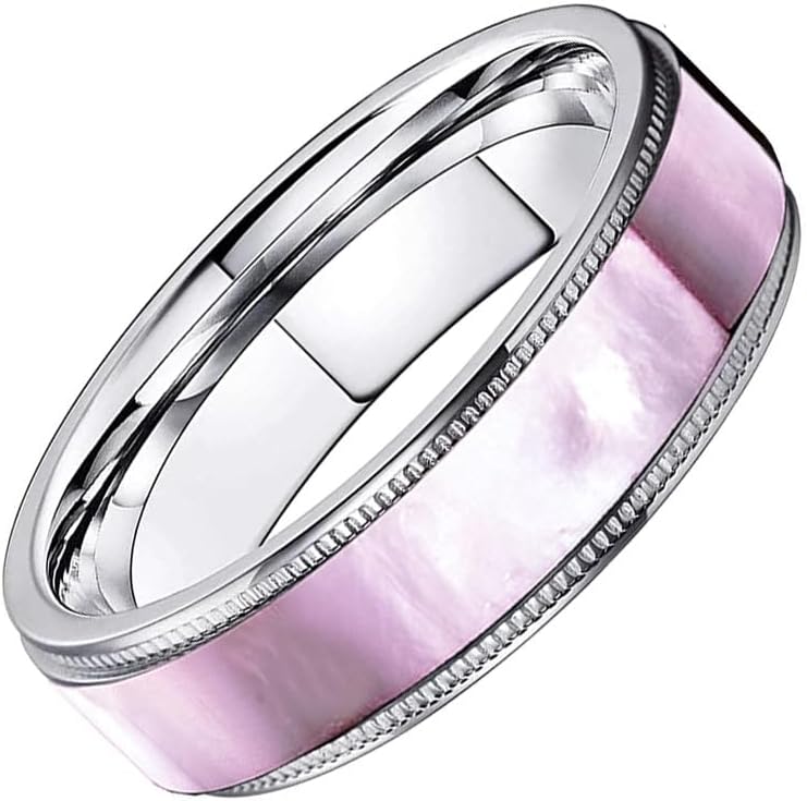(5mm) Unisex or Women's Titanium Wedding ring bands. Titanium Women's Pink Hues Mother of Pearl Inlaid Band Ring. Light Weight and Comfort Fit. One Year Warranty Included.