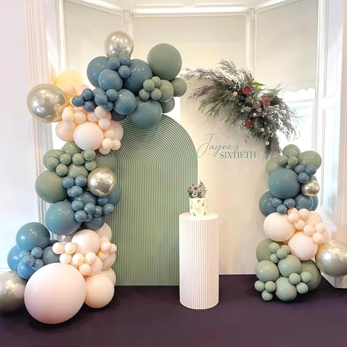 Image of Dusty Sage Green Blue Gold Balloon Garland Kit, 107 PCS Pastel Olive Green Slate Blue Beige Metallic Gold Balloon Arch Kit for Women Men Boho Birthday Wedding Baby Bridal Shower Party Decorations
