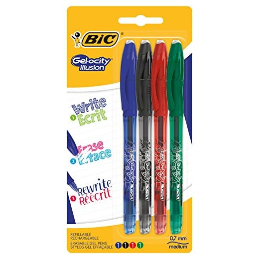 BIC Gel-ocity Illusion bolígrafos de Gel Borrables punta media (0,7 mm) - colores Surtidos, Blíster de 4 unidades