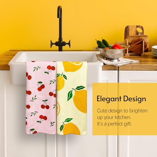 Image of Eulnars Kitchen Towels, 18 inch x 30 inch Dish Towels, Microfiber Tea Towels for Kitchen Drying, Superior Absorbency, Lemon Cherry Series, 2-Pack