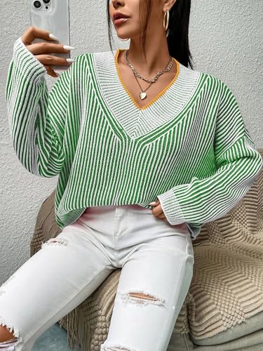 Image of Cakulo Womens Fall 2025 Oversized Striped V Neck Sweaters Long Sleeve Knit Color Block Trendy Pullover Sweater Top