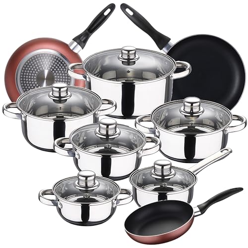 Bateria de cocina 12 piezas SAN IGNACIO Cassel, acero inoxidable, con juego sartenes (16/20/24 cm) RENBERG Paradise en aluminio prensado
