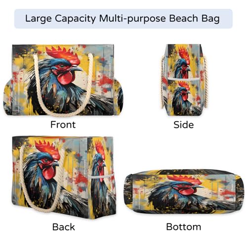 Vintage Watercolour Rooster Beach Bag for Women Waterproof Sandproof Tote with Zipper Cotton Rope Handles for Travel Pool Gym Shopping4