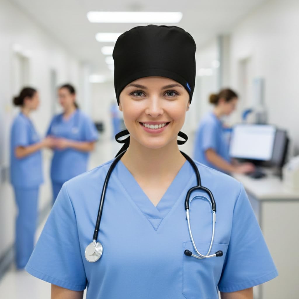 Surgical Cap for Women and Men – Wide Fit, Cotton Tie Back & Elastic – Non-Slip Medical Scrub Cap for Nurses, Doctors, Chefs