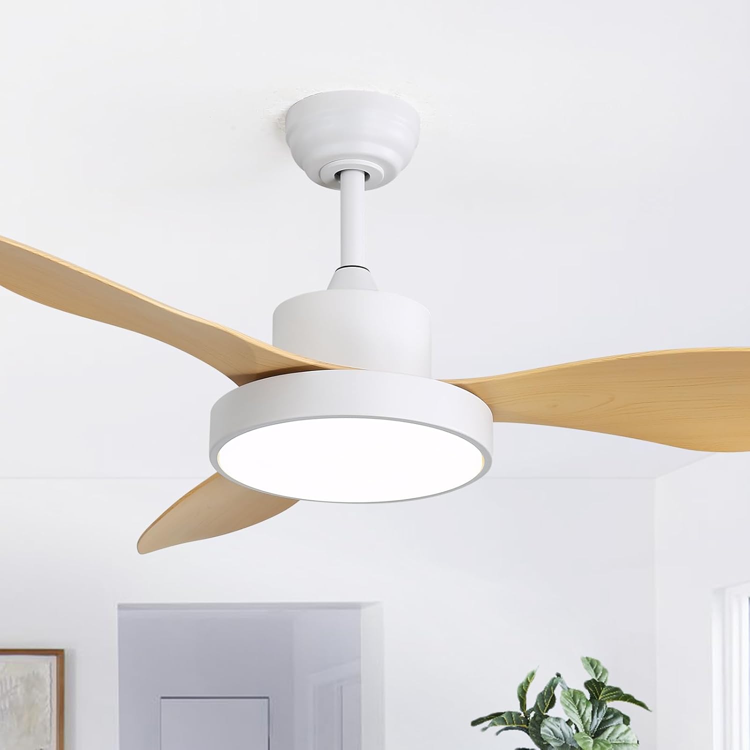 Sofucor 48 Inch Ceiling Fan with Lights and Remote Control Flush Mount Modern Outdoor Ceiling Fans with Large Panel Light, 3 CCT Dimmable, Quiet DC Motor &Timer for Bedroom Patio Indoor Natural Wood