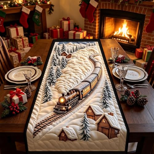 2D Christmas Table Runner&Steams Train Snow Pines Trees Sign, Table Decor - image 4