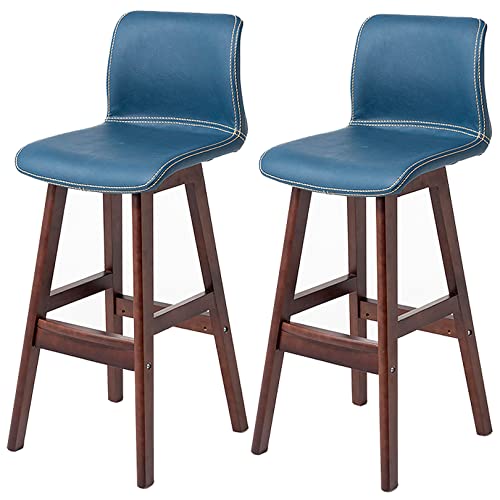 Blue - Taburetes de bar tapizados de piel sintética con respaldo bajo y reposapiés, sillas altas clásicas de cocina y bar, juego de 2 (62 cm)