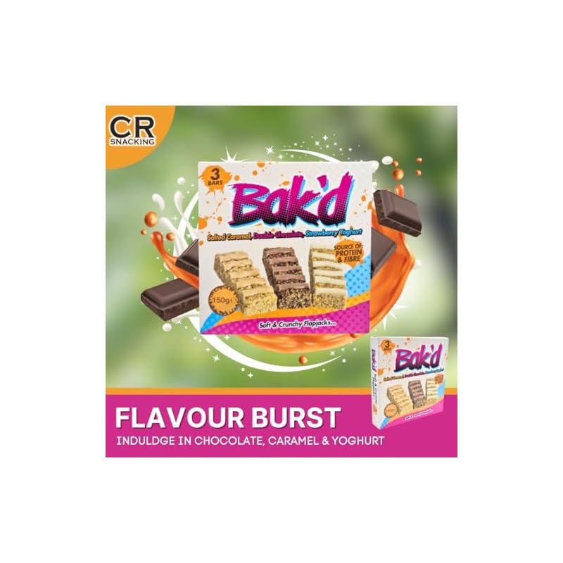 BAK'D FLAPJACK SELECTION BOX (4x Pack of 3) - Salted Caramel, Double Chocolate, Starwberry Yoghurt Flapjacks | Protien Flapjacks, Snack Bars Variety Pack | Snack Bars Multipack, Oat Bars Soft - Image 4