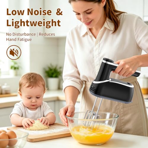 Image of binROC Cordless Electric Hand Mixer, 12-Speed Rechargeable Handheld Mixer with Eject Button, 6 Stainless Steel Attachments, Snap-On Storage Case, LED, Self-Stand for Baking, Cake, Dough, Egg (Black)