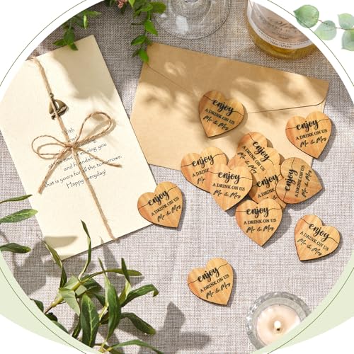 Image of Marsui 100 Pcs Wooden Drink Tokens Bulk for Wedding Personalised Drink Tickets Poker Chips for Guest Wedding Favours Beverage Birthday Parties Bar Table Decoration Supplies (Heart Shape)