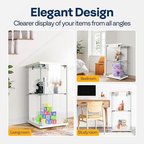 Image of VIVOHOME 2 Layers 15.7''W x 15.7''D x 31.9''H Glass Display Cabinet Showcase Countertop with Lock, Tempered Glass 25mm MDF Base