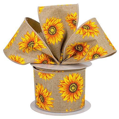 Image of Yellow Sunflower Fabric Wired Ribbon - 2 1 /2 inch x 10 Yards, Beige, Easter, Spring Decor, Summer, Thanksgiving, Birthday, Wedding Decor, Fundraiser, Wreath, Birthday, Christmas, Reception, Mother's Day