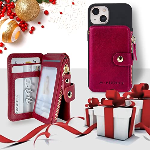 Image of M-Plateau Card Holder for Phone Case Button Closure Phone Wallet for Women with Zipper Coin Purse Have 6 Card Slots and ID Window Suitable for iPhone 14 Plus Case (Red)