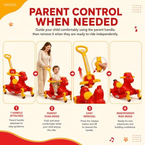 Image of 3 in 1 Baby Horse Rider for Kids 1-5 Years with Parent Handle, Rocking Horse, Ride On Toy, 360 Safety Guard, Music, Swivel Wheels, Backrest, Baby Ride On for Boys & Girls (Red)