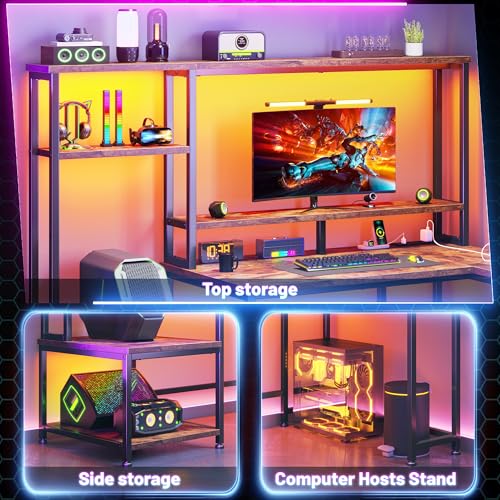 Image of DurayLoly Computer Desk with Hutch,Power Outlets and RGB Light to Protect Eyes,Teen Desk with Shelves for Bookshelf,Reversible Workstation with Printer Space and Monitor Stand for Small Room,Brown