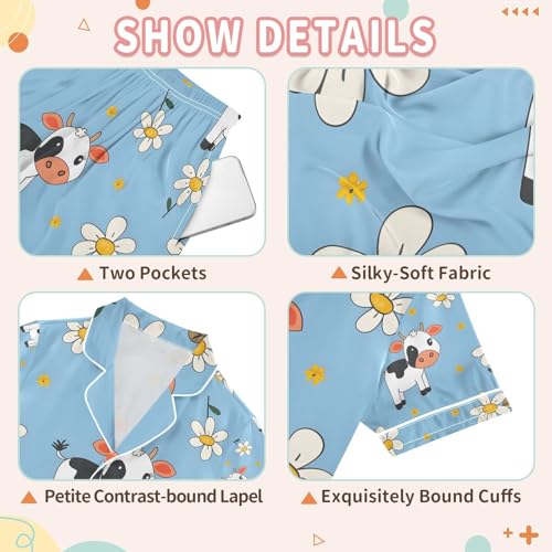 senya Cute Little Cow A Satin Summer Pajama Sets Silk Short Sleeve Button Down Sleepwear3