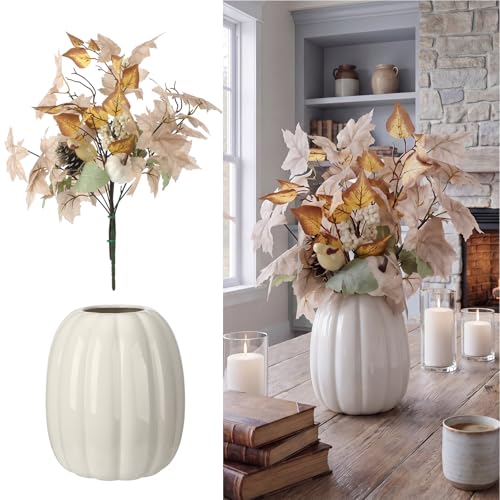 Beeveer Fall Table Centerpieces White Ceramic Pumpkin Vase Decor with Artificial...