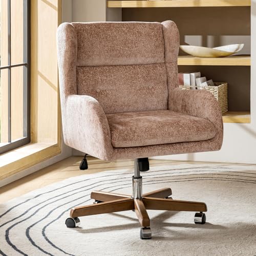 Image of HULALA HOME Modern Swivel Office Chair with Solid Wood Base, Sand | 360 Swivel Executive Task Chair with Button-Tufted, Adjustable Height Wingback Desk Chair, Wide Seat Computer Chair for Home