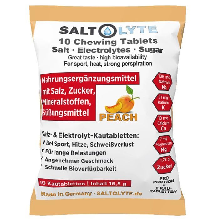 SALTOLYTE10 Chewing Tablets Peach in Sachet, Salt and Electrolyte Chewable Tablets with Sodium, Magnesium, Potassium, Calcium - Peach Flavour
