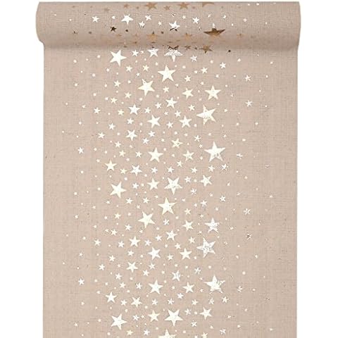Table Runner, Natural with Metallic Stars, 28 cm x 3 m, Christmas Table Decoration Cover