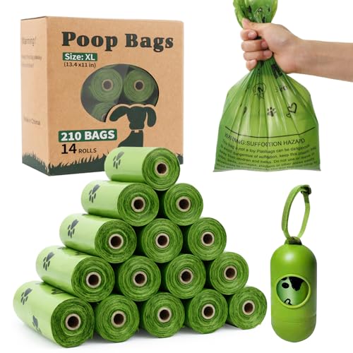 Dog Poop Bags XL Rolls: Leak-Proof Unscented Poop Bags with Dispenser for Doggy Dogs 14 Rolls (210 Count)- Green