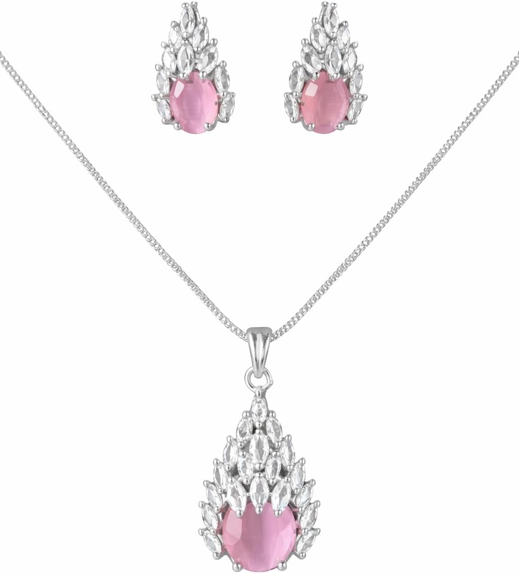 Silver Look Alike CZ Chain Pendant Necklace Set with Matching Stud Earrings | Elegant Jewellery Set for Women & Girls
