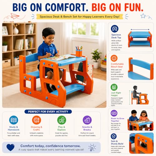Image of eHomeKart Kids Double Seater Study Table & Bench Set of 2 | 90x75x58 cm | Set of Two School Senior with Backpack Storage | Children Activity Desk Chair for Boys & Girls | Age 3-10 Years (Two Bench)