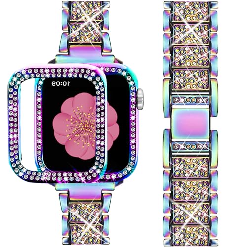 SUPOIX Compatible with Apple Watch Band 45mm + Case, Women Jewelry Bling Diamond Metal Bands & 2 Pack Protective Cover Cases for iWatch Series 8/7(Colorful)