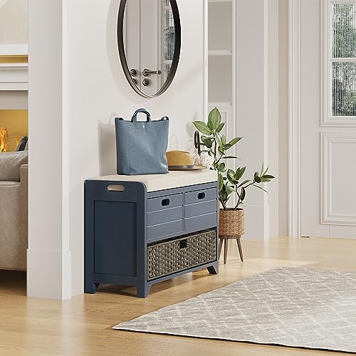 LOVMOR-32-Storage-Bench-for-Entryway-Shoe-Bench-with-Storage-Removable-Basket-and-2-Drawers-Entryway-Bench-with-Shoe-Storage-Entryway-Storage-for-Hallway-Mudroom-and-Living-Room-Navy LOVMOR 32 Storage Bench for Entryway Shoe Bench with Storage Removable Basket and 2 Drawers Entryway Bench with Shoe Storage Entryway Storage for Hallway Mudroom and Living Room Navy