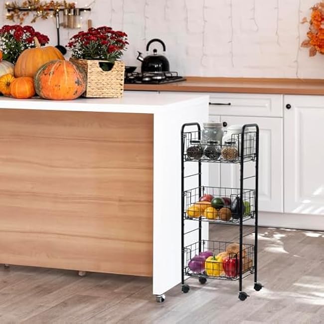 MyGift 3 Tier Industrial Matte Black Metal Wire Kitchen Fruit and Vegetable Basket Cart, Portable Pantry Produce Storage Rack Stand with Rolling Wheels-y0BvpA4L