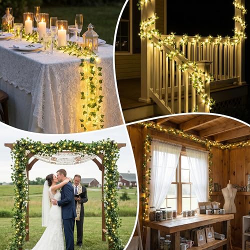 Lichterkette mit Blättern，LED Lichterkette Efeu Künstlich 3M Fake Efeu Girlande mit 30 LED-Licht Batterie mit 8 Modi & Timer, USB Aufladbar Efeu Lichterkette Innen für Innenberei,Hochzeit, Party Deko
