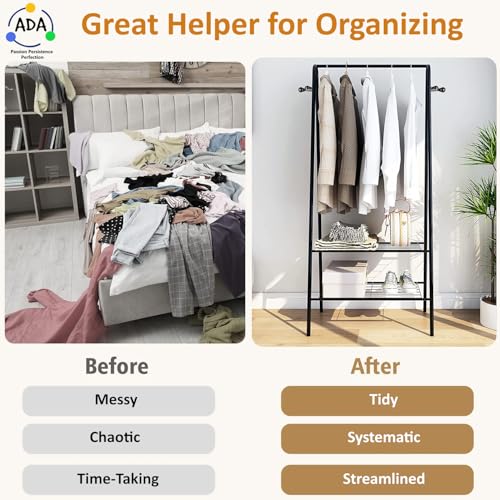 Image of ADA Premium Metal Heavy Duty Drizzle Garment Rack with 10 Side Hooks, Multifunctional 2 Lower Shelves Clothe Rail - Black (84 x 31 x 140cm)
