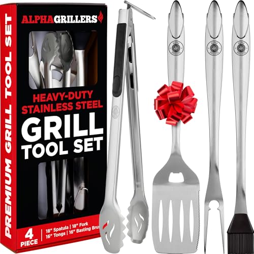 Alpha Grillers Grillzubehör - Grillgeschenke für Männer - BBQ Zubehör Grillwerkzeuge Set mit Spatel, Gabel, Bürste & Zange - Outdoor Grillutensilien Geschenke für Männer Papa Ihn Freund